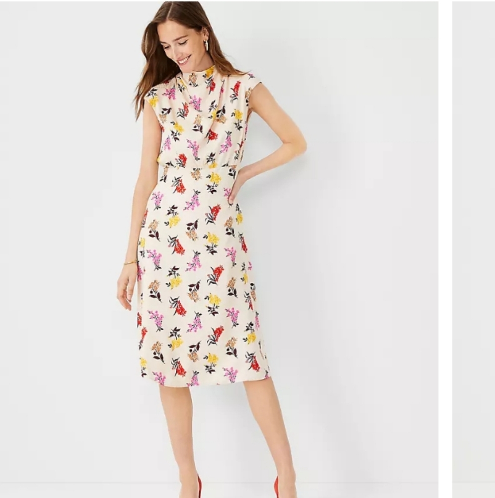 Ann Taylor Floral Mock Neck Midi Flare Dress